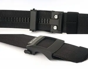 Detail of the tactical nylon belt showing adjustable buckle and double-layer webbing texture