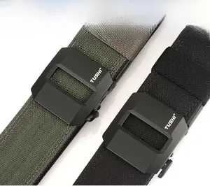 Close-up of military green and black tactical nylon belts with durable automatic buckles
