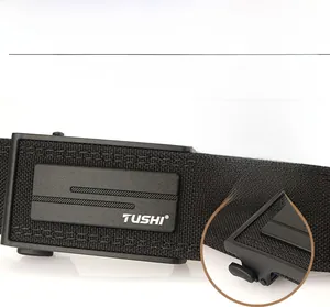 Detailed view of black nylon tactical belt with automatic matte alloy buckle mechanism