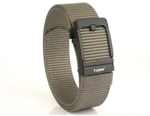 Close-up of military green nylon tactical belt with matte black automatic buckle