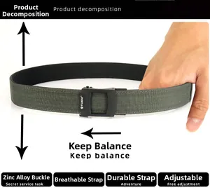 Detail of durable green nylon tactical belt showing flexible band and zinc alloy buckle
