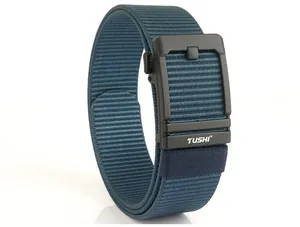 Detail of navy blue stretch woven tactical belt with matte black TUSHI automatic buckle