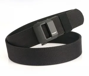 Close-up of black heavy-duty nylon tactical belt with matte quick-release alloy buckle