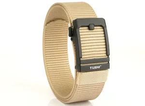Detailed side view of khaki tactical nylon belt with automatic buckle and tushi logo