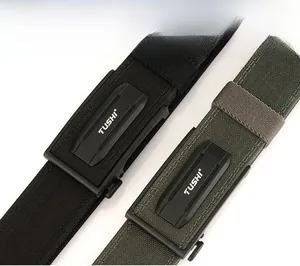 Detail of high-density tactical nylon belts with matte automatic buckles and TUSHI logo