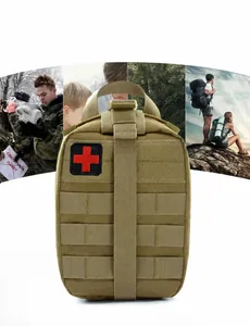 Tactical camouflage medical bag with red cross patch and MOLLE system in outdoor setting