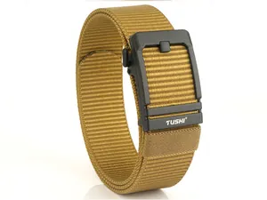 Detail of khaki tactical nylon belt featuring a matte black TUSHI automatic buckle