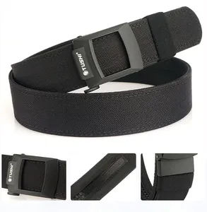 Macro detail of ergonomic buckle curve and non-slip ratchet strap on nylon tactical belt