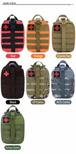 Color display of tactical medical kits in red orange khaki black CP ACU and army green