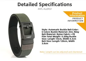 Detail view of army green tactical nylon belt with zinc alloy automatic buckle dimensions