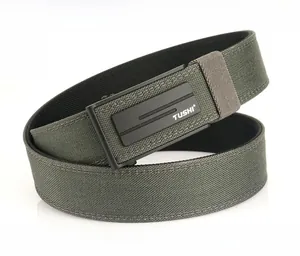 Macro view of army green nylon tactical belt with matte black automatic zinc alloy buckle