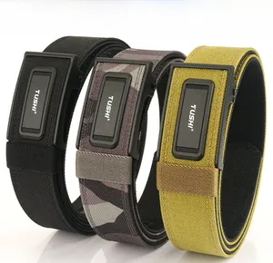Close-up of three durable 1100D nylon tactical belts in black, olive green, and camo grey