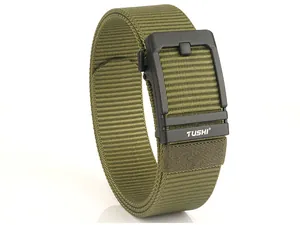 Close-up of army green nylon tactical belt with a black matte automatic buckle detail