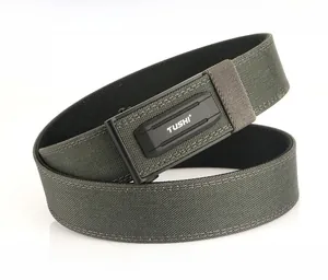 Detail of tactical nylon belt with zinc alloy quick-release buckle and matte black finish