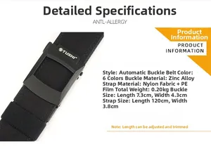 Detail view of tactical nylon belt showing 120x3.8cm size and zinc alloy buckle info