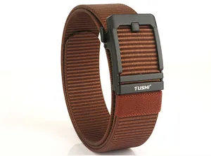 Detail of a brown nylon tactical belt showing thick weave and matte black buckle