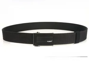 Close-up of black tactical nylon belt featuring a durable metal automatic quick-release buckle