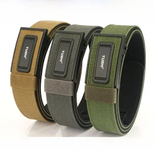 Close-up of 3.8cm tactical nylon belts with zinc alloy automatic buckles in three colors
