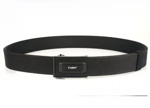 Detail of a tactical nylon belt featuring a matte black metal automatic buckle with TUSHI logo