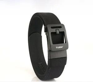 Detailed view of the black tactical nylon belt with durable quick-release metal buckle