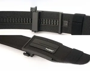 Detail of black nylon tactical belt showing automatic buckle and adjustable inner track