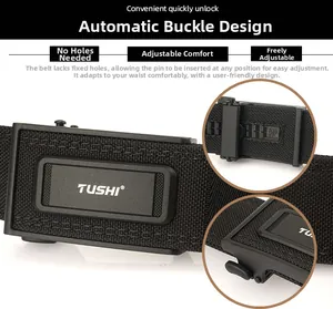 Detail of automatic buckle and precision ratchets on black nylon shooting belt