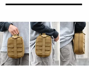 Tactical medical pouch in khaki nylon with MOLLE system shown in hand-carry and waist-mount