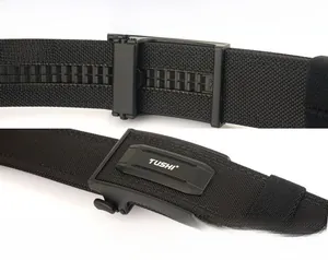 Detail showing the automatic buckle and the plastic gear track of the black nylon belt
