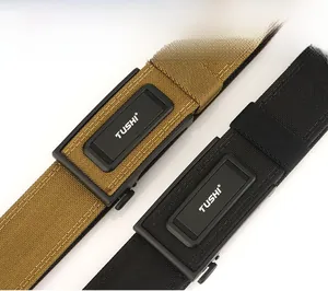 Detail view of pearl fabric nylon belts with double-reinforced stitching and TUSHI buckle