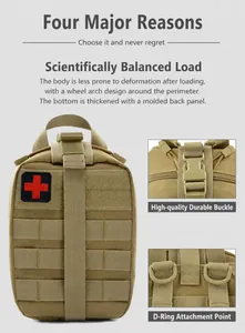 Tactical medical pouch featuring MOLLE webbing, red cross logo and D-ring buckle details