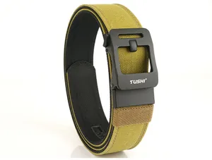 Detail view of tactical nylon belt with matte black automatic buckle and TUSHI logo