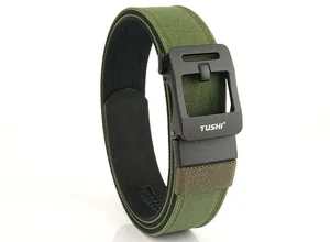 Close-up of military green tactical nylon belt with matte black TUSHI buckle system