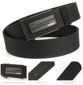 Macro detail of ergonomic matte metal automatic buckle and durable nylon tactical belt