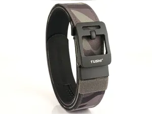 Detail of grey camouflage nylon tactical belt with black matte automatic buckle and TUSHI logo