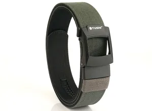 Detail view of olive green tactical nylon belt featuring a matte black buckle and texture