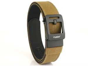 Detail of khaki tactical nylon belt showing heavy-duty weave and matte black buckle