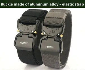 Close-up of TUSHI quick-release aluminum alloy buckles on nylon tactical belts
