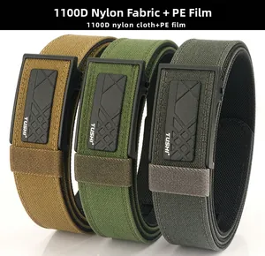 Macro detail of 1100D nylon tactical belts with PE reinforcement and plastic buckles