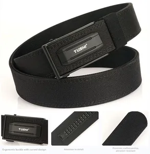 Close-up of ergonomic tactical buckle and durable nylon fabric on a black utility belt