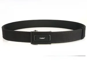 Detail of black nylon tactical belt with a matte black metal automatic buckle mechanism
