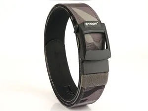 Close-up of tactical nylon belt with camouflage pattern and automatic matte black buckle
