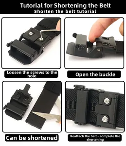 Detail of adjustable tactical nylon belt showing screw removal and length trimming steps