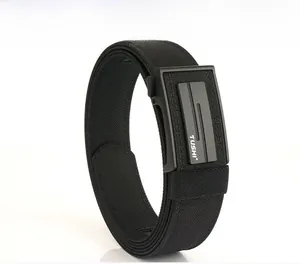 Detail of a black nylon tactical belt with a matte black automatic buckle and textured finish
