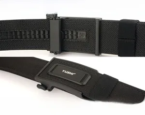 Detail of the automatic buckle and adjustable track on this durable nylon tactical belt