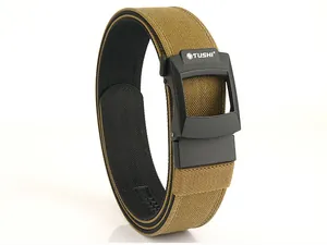 Detail of double-layer nylon tactical belt with a plastic automatic buckle in wolf brown