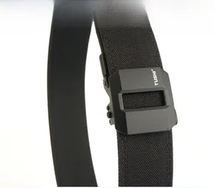 Detailed close-up of tactical nylon belt with matte black metal quick-release buckle