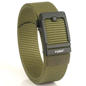 Army green nylon tactical belt with matte black automatic buckle on white background