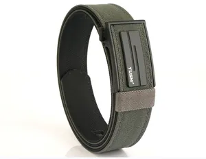 Detail of army green nylon tactical belt with black matte automatic metal buckle