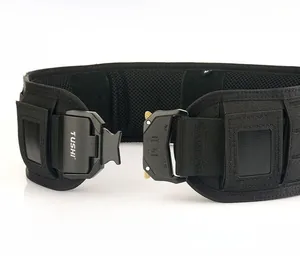 Close-up of zinc alloy quick-release buckle on a laser-cut nylon tactical belt