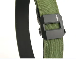 Detail of army green nylon tactical belt showing the matte black buckle and mesh texture
